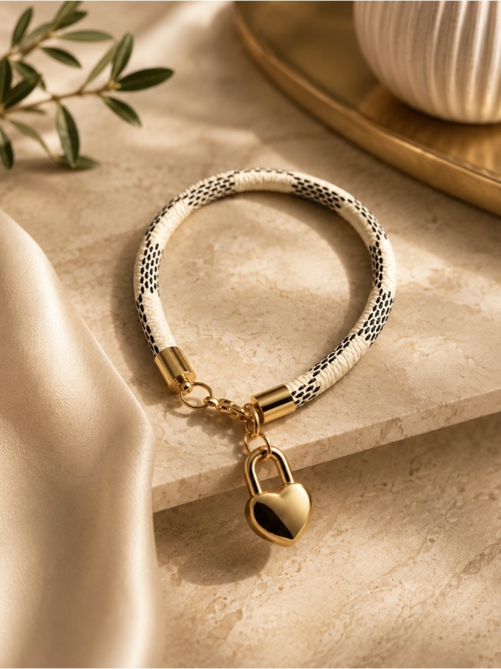 Gold Heart Padlock Bracelet with Cream  design